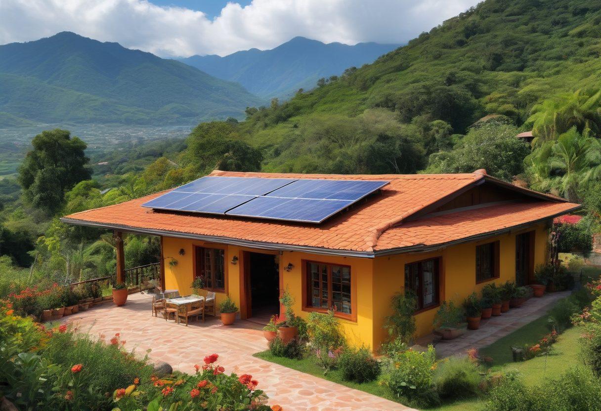 A serene villa surrounded by lush greenery, showcasing solar panels on the roof with an inviting terrace adorned with local art. Vibrant local flora like colorful flowers and herbs fill the garden, while a backdrop of distant mountains suggests adventure. Include travelers enjoying cultural activities, such as cooking classes or artisan workshops. The scene should exude warmth and sustainability. super-realistic. vibrant colors. natural lighting.