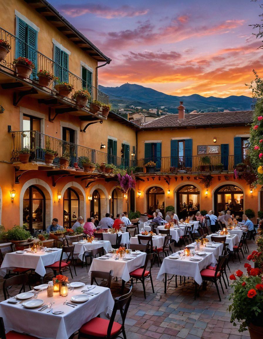 A bustling outdoor Italian courtyard filled with colorful tables adorned with delicious dishes and vibrant flowers, people enjoying meals and sharing laughter, with a stunning sunset behind the picturesque Villa del Sole in the background. The scene captures the essence of community, gastronomy, and warmth. super-realistic. vibrant colors. warm lighting.